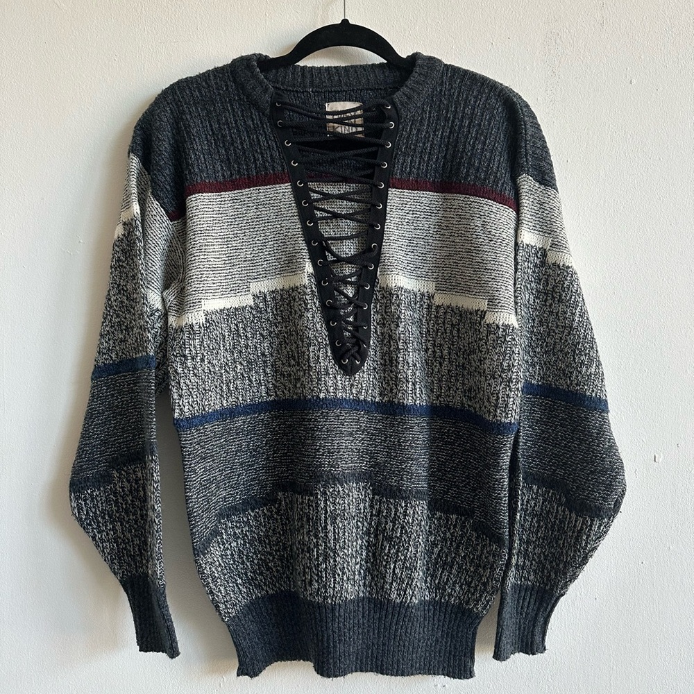 Furst of a Kind Vintage Striped V-Neck Lace-Up Sweater S/M
